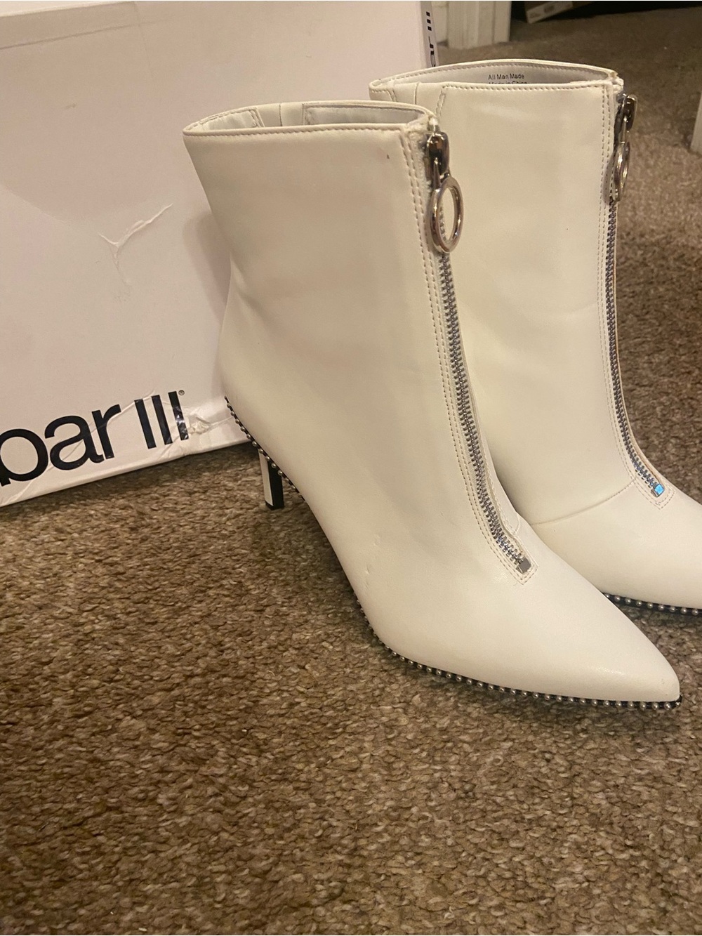 White Front-Zip Pointed Toe Ankle Boots